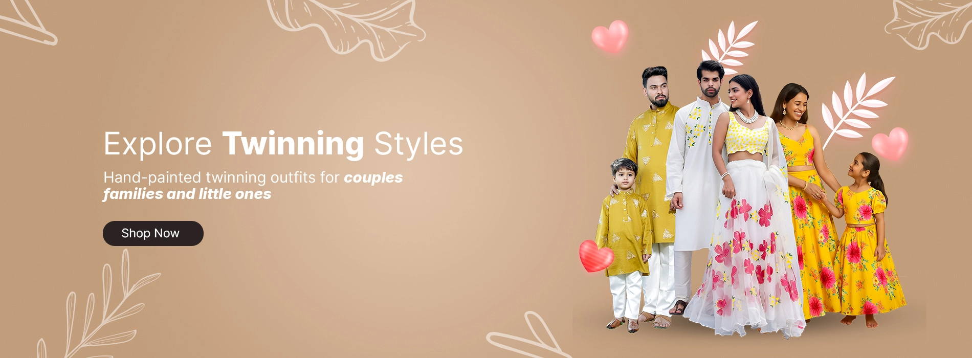  Hand-painted twinning ethnic outfits for couples, families, and kids in matching festive designer wear with floral patterns and vibrant yellow styles.