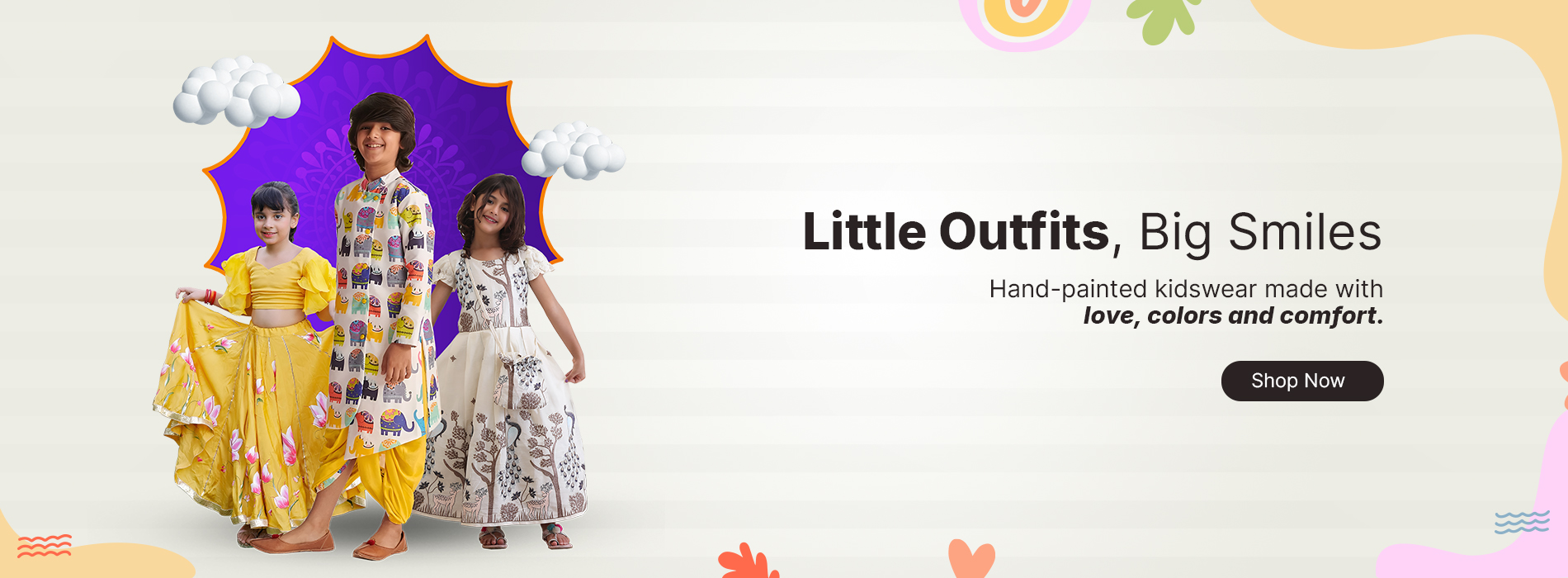  Happy kids in colorful hand-painted ethnic outfits and designer kidswear, showcasing festive traditional dresses, comfy boutique fashion, and handmade children’s clothing collection with “Little Outfits, Big Smiles” branding.