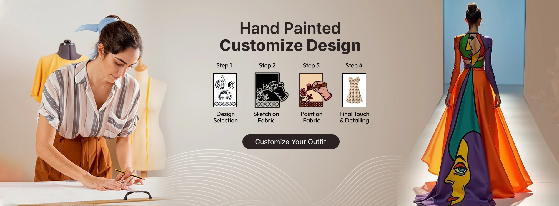  Custom hand-painted fashion design banner featuring fabric sketching, painting process, and colorful modern designer dress.