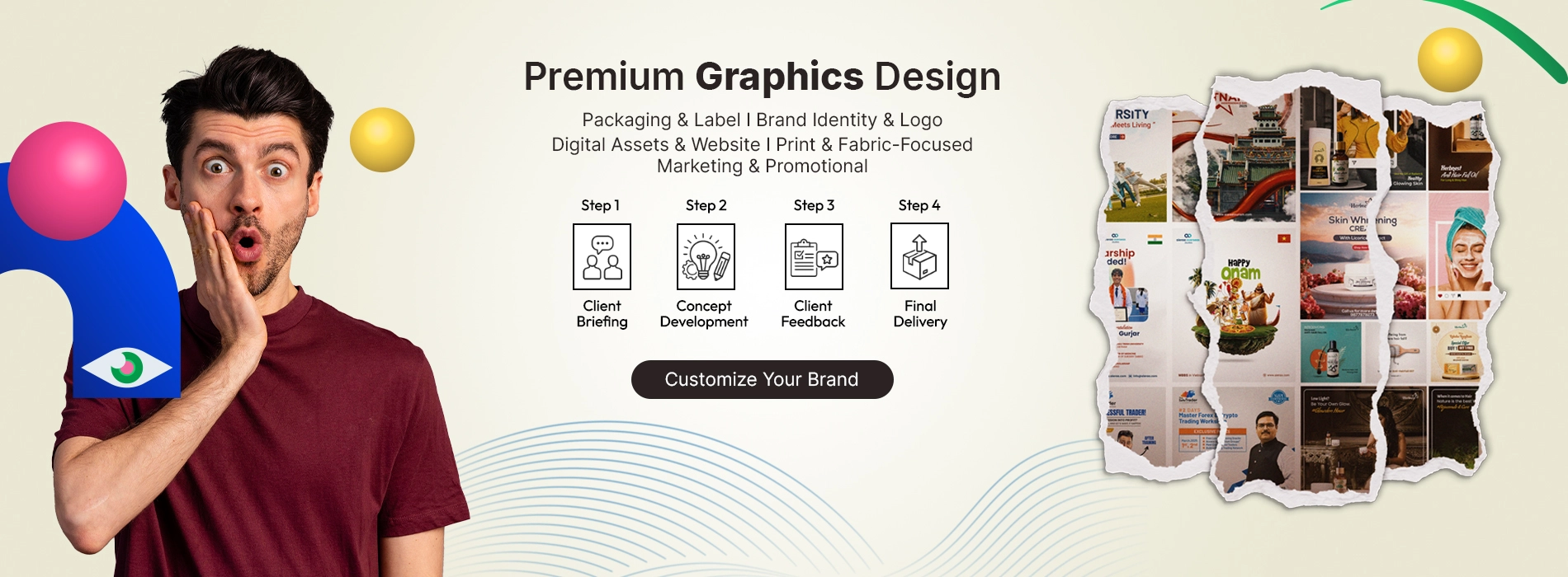  Premium graphics design banner with branding, packaging, website design, marketing workflow, and creative portfolio showcase.