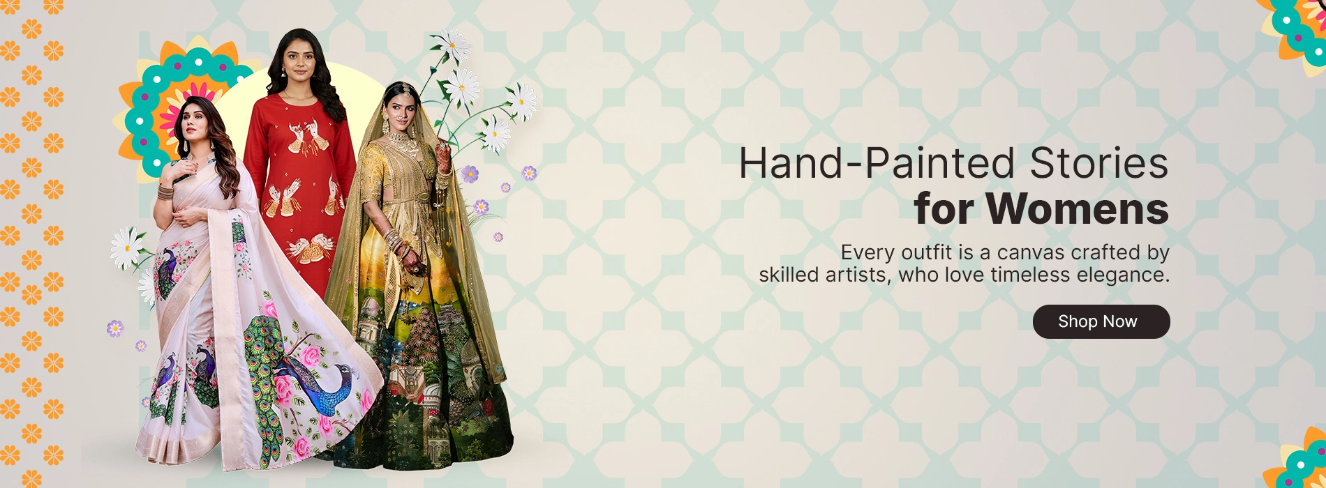  Women wearing elegant hand-painted ethnic sarees and designer traditional outfits in a festive fashion banner with floral artwork.