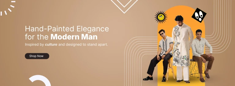 Hand-painted ethnic menswear banner featuring stylish men in modern embroidered kurtas with elegant festive fashion and boutique designer outfits.