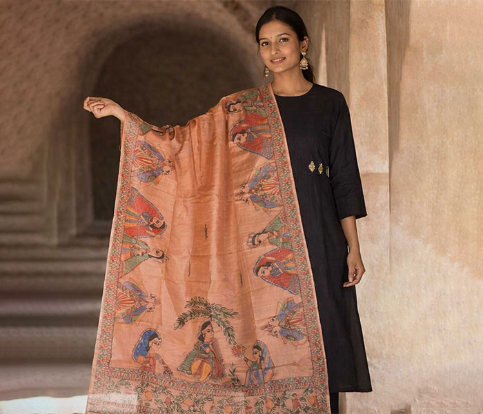 Madhubani Hand-painted Salmon Tussar Silk Dupatta