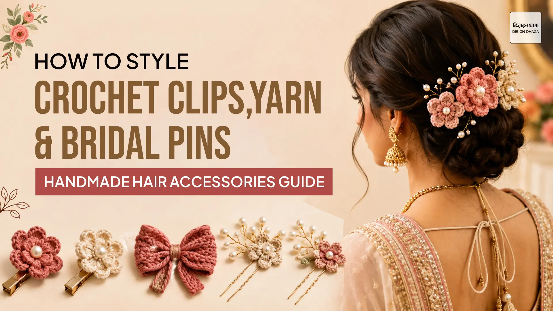 Design Dhaga blog banner - how to style crochet clips, yarn accessories and bridal hair pins, handmade hair accessories guide